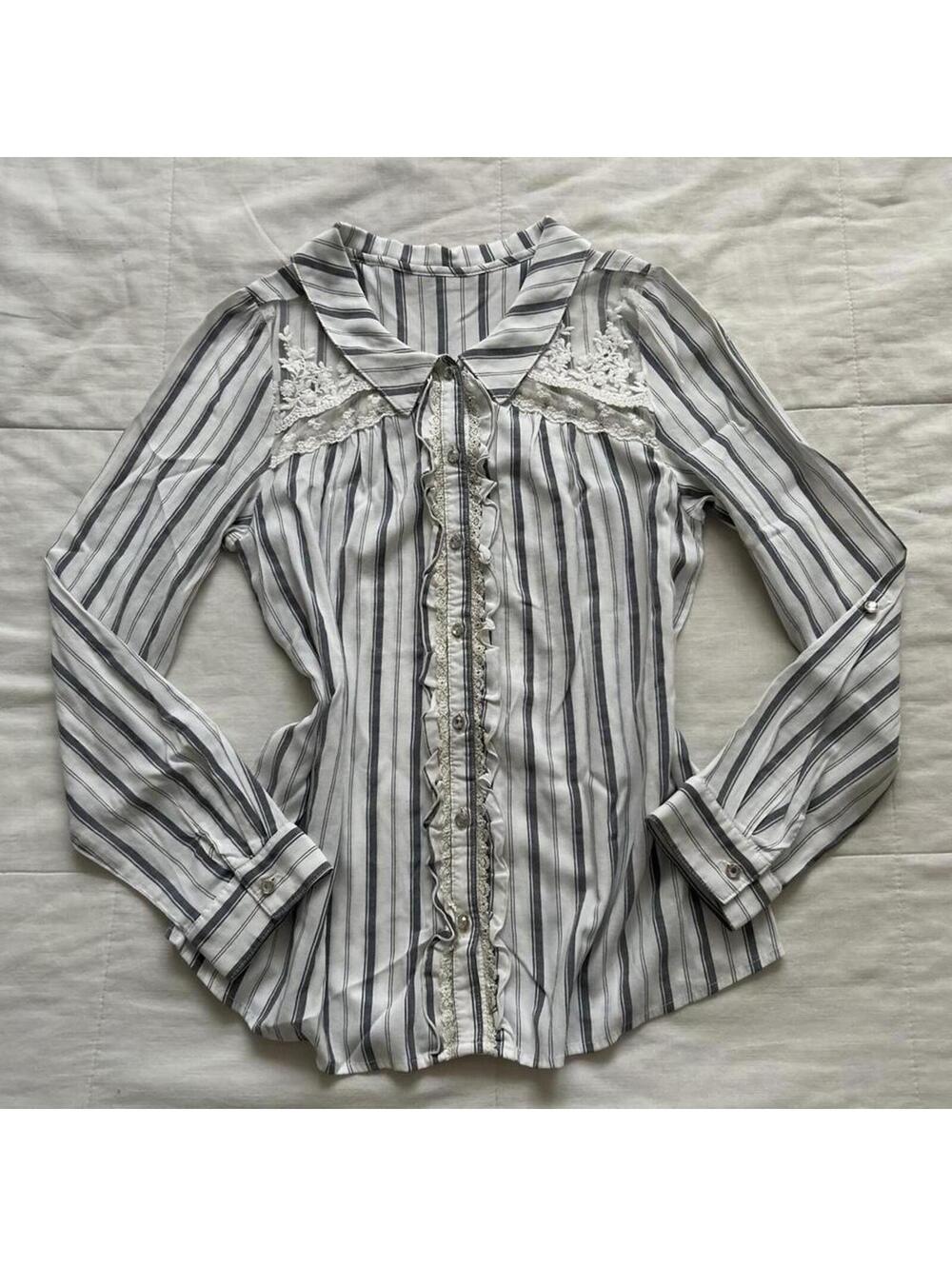 Axes Femme White Striped Ruffle Lace Button Up Blouse Medium